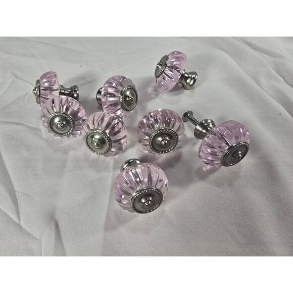 Set of 8 Pink Glass Cabinet Knobs Drawer Pulls Silver Tone Hardware Shabby Chic - Picture 1 of 3